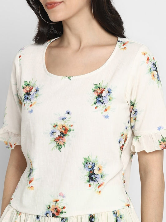 Off White Floral Bell Sleeve Cinched Waist Top