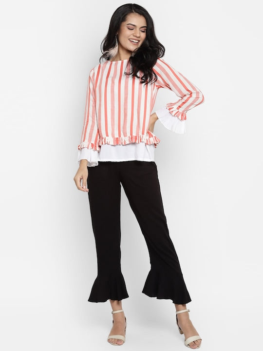 Pink White Striped Rayon Bell Sleeve Regular Top
