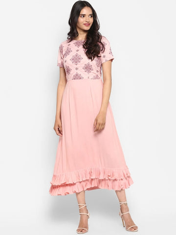 Women's Pink Printed Floral Fit And Flared Midi Dress