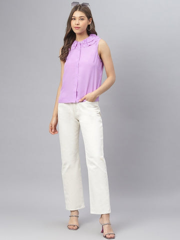 Women's Lavender Polyester Ruffled Neckline Relaxed Shirt