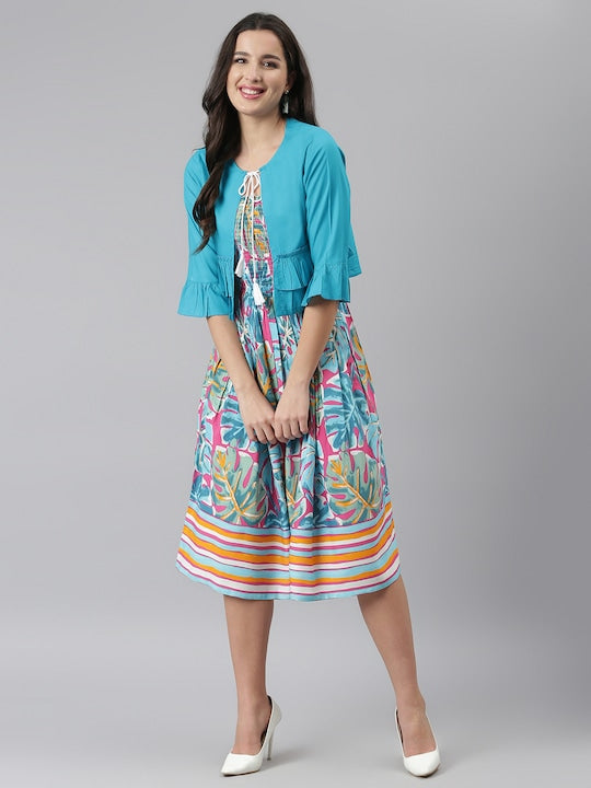 Turquoise Blue Tropical Printed Smocked Fit Flare Dress With Shrug Turquoise Blue Tropical Printed Smocked Fit Flare Dress With Shrug