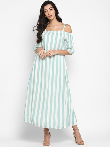 Blue White Striped Rayon Cold Shoulder A-Line Maxi Dress