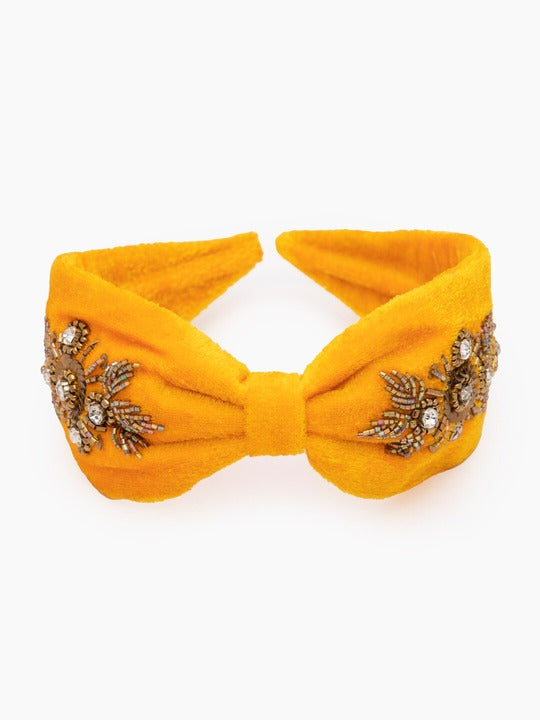 Girls Yellow Gold-Toned Embellished Velvet Hairband