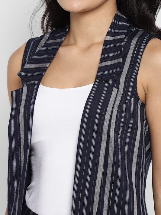 Women's Navy Blue Striped Cotton Co-Ord Set