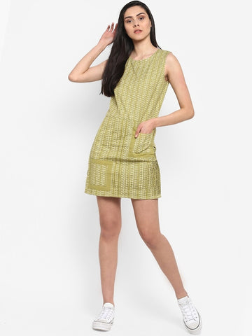 Green Printed Pleated Dress