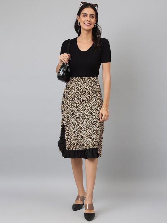 Women's Brown Black Animal Printed Polyester A-Line Skirt