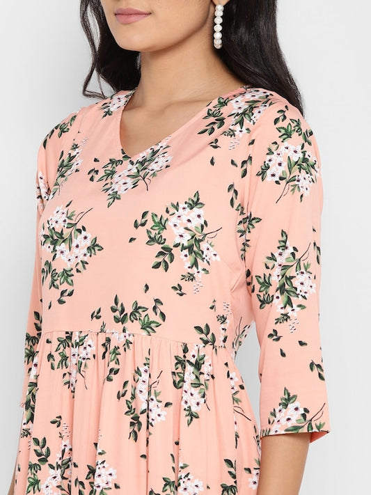 Peach-Coloured Floral Polyester Flared Dress
