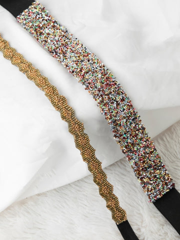 Women's Set Of 2 Silver-Toned Gold-Toned Rainbow Sequin Embellished PU Belt