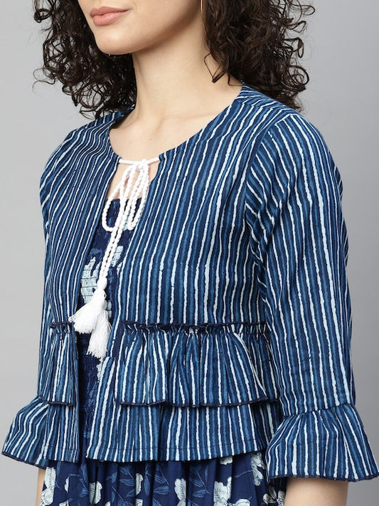 Indigo Print Smocking Dress  With Stripe Shrug