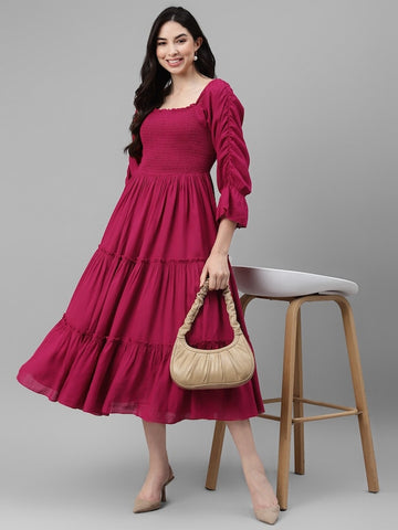 Solid Tiered Dress With Gathered Sleeves