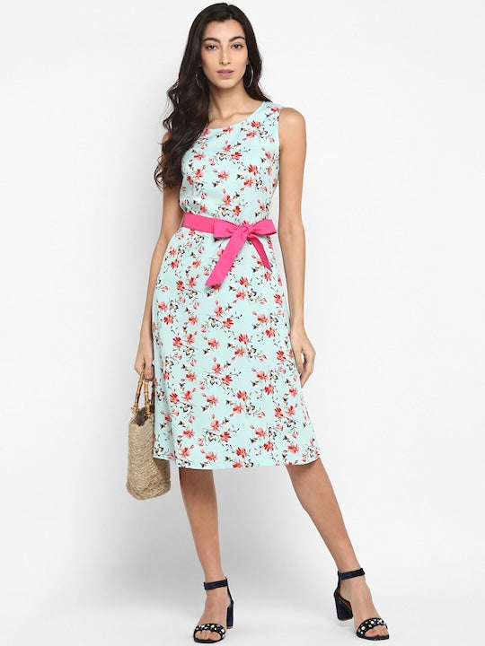 Turquoise Blue Pink Floral Polyester A-Line Dress