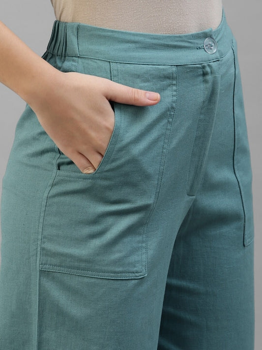 Solid Sea Green Relaxed Fit Pants With Pockets