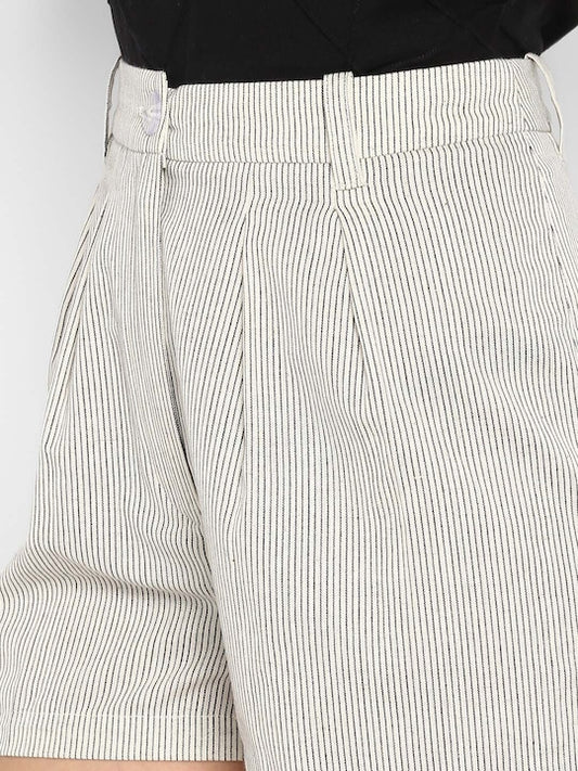 Women's Off-White Striped Regular Fit Regular Shorts