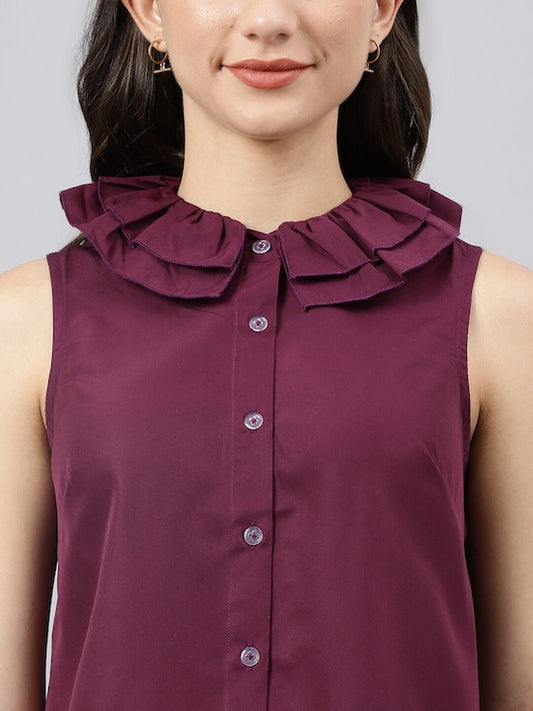 Women's Maroon Polyester Regular Fit Casual Shirt With Ruffled Neckline