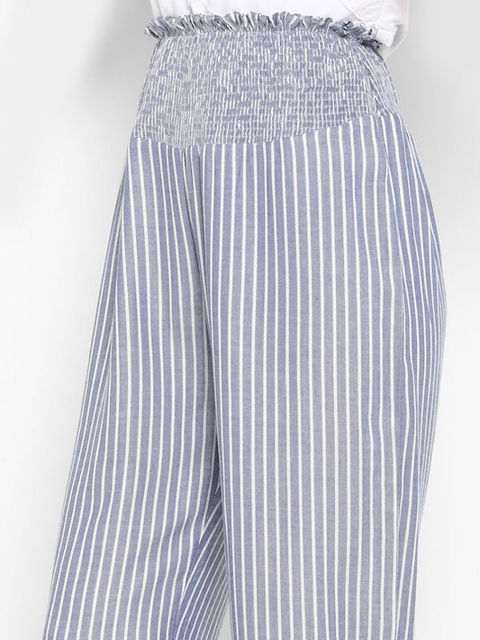 Women's Blue Striped Rayon Loose Fit Pleated Regular Trousers