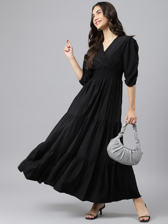 Women's Black Rayon A-Line Tiered Maxi Dress