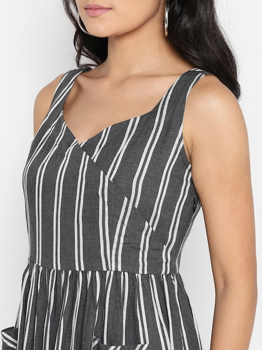 Grey Striped Rayon Dress With Pockets