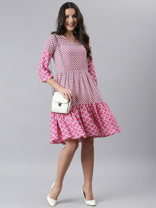 Women's Pink White Printed Rayon V-neck Fit Flare Dress