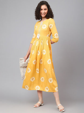 Floral Printed Rayon Tie-Up Neck A-Line Midi Dress