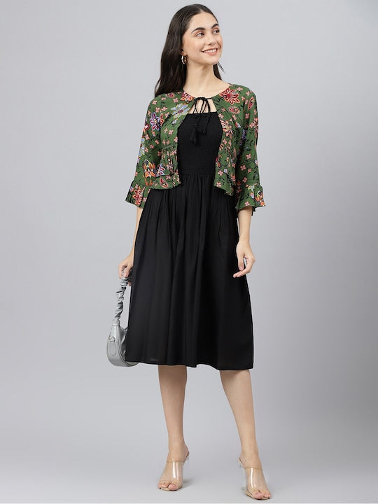 Solid Black Dress With Floral Jacket
