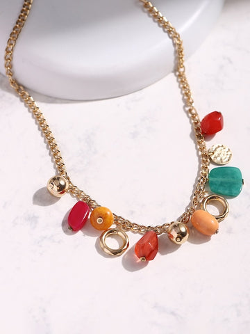 Gold-Toned Red Resin Chain Necklace
