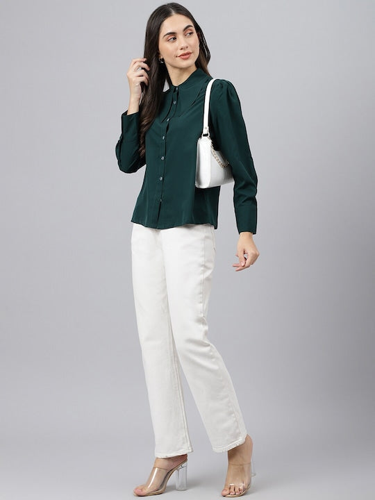 Bottle Green Shirt With Wing Collar