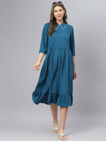 Turquoise Flared Dress With Collar