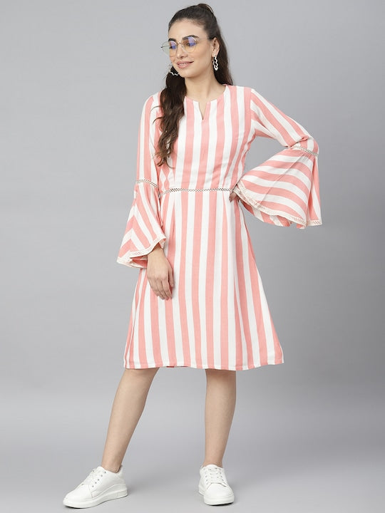 Pink Striped Bell Sleeved A-Line Dress