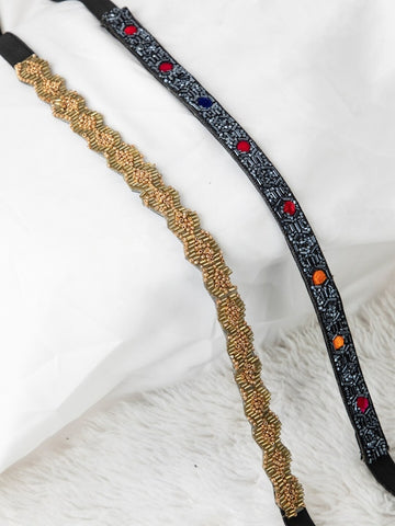 Women's Set Of 2 Black Gold-Toned Embellished PU Waist Belt